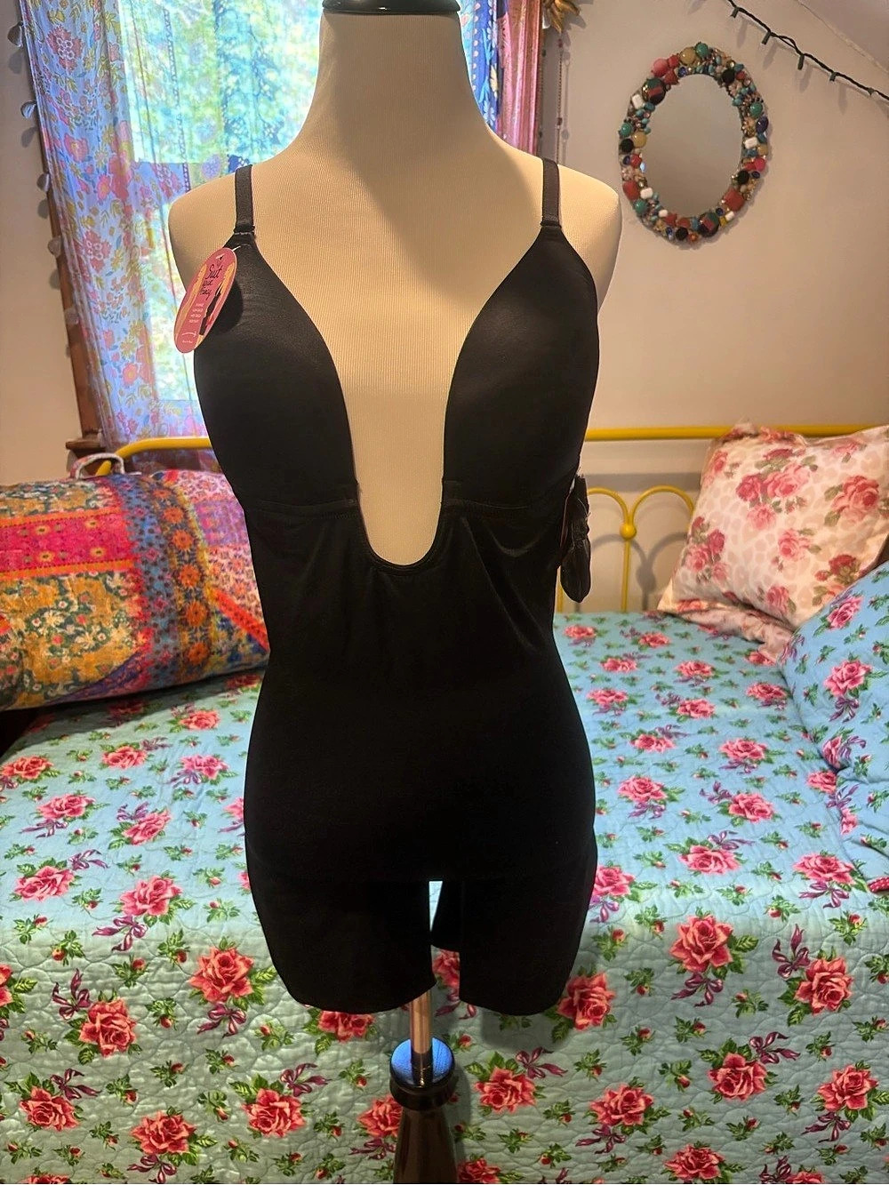 Suit Your Fancy Plunge Low-Back Mid-Thigh Bodysuit Black NWT XL